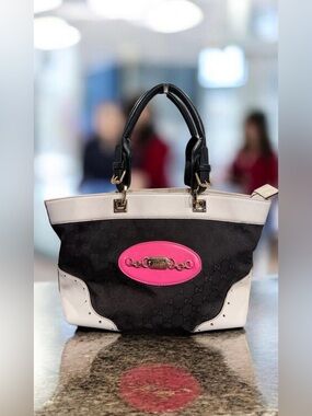 Gucci Black White Tote with Pink Logo Patch